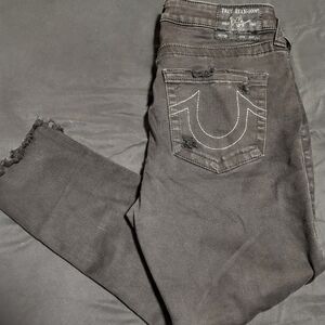 True Religion Lightly Faded Distressed Frayed Ankle Crop Jeans